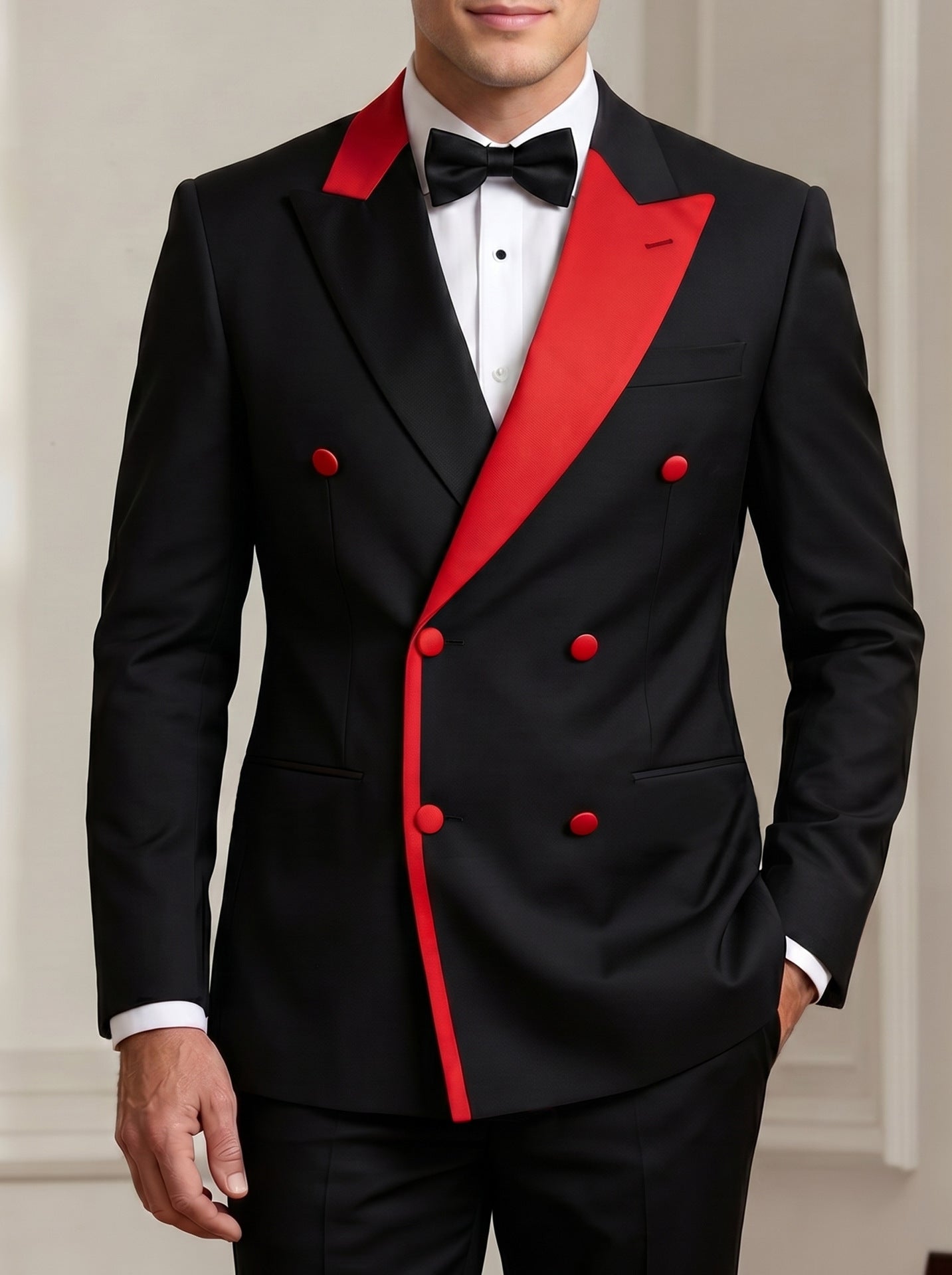 Men's Black Double-Breasted Blazer with Red Contrast Lapels and Buttons - Stage & Party Formal Jacket