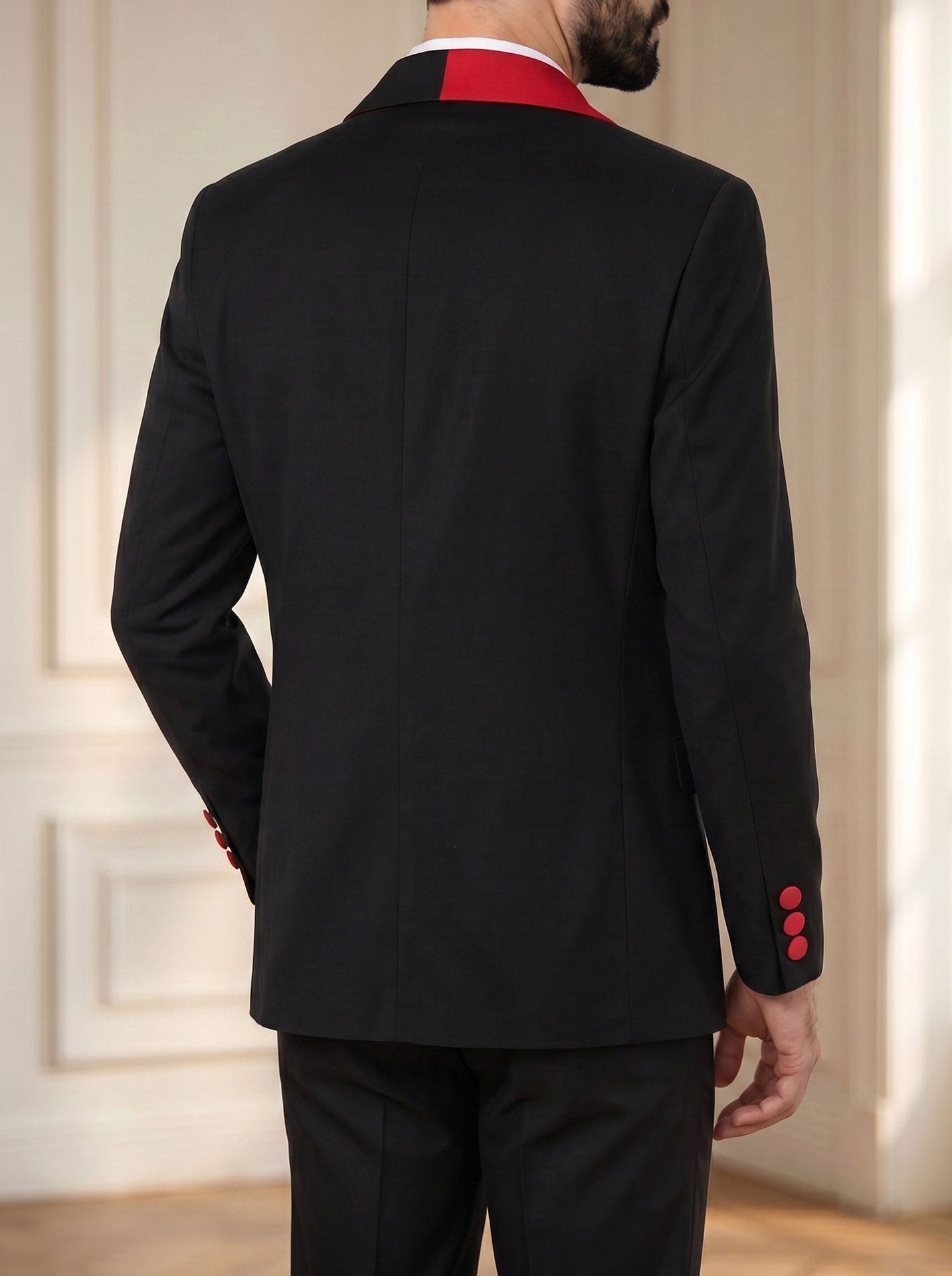 Men's Black Double-Breasted Blazer with Red Contrast Lapels and Buttons - Stage & Party Formal Jacket