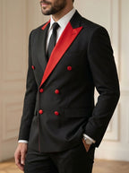 Men's Black Double-Breasted Blazer with Red Contrast Lapels and Buttons - Stage & Party Formal Jacket