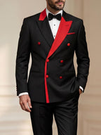 Men's Black Double-Breasted Blazer with Red Contrast Lapels and Buttons - Stage & Party Formal Jacket
