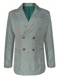 Men's Vintage Green & White Houndstooth Double-Breasted Blazer - Notch Lapel Long Sleeve Suit Jacket
