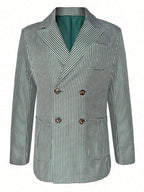 Men's Vintage Green & White Houndstooth Double-Breasted Blazer - Notch Lapel Long Sleeve Suit Jacket