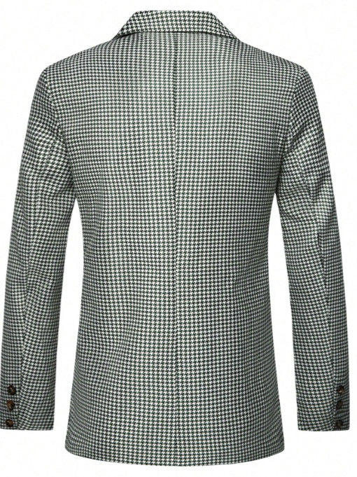 Men's Vintage Green & White Houndstooth Double-Breasted Blazer - Notch Lapel Long Sleeve Suit Jacket