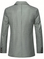 Men's Vintage Green & White Houndstooth Double-Breasted Blazer - Notch Lapel Long Sleeve Suit Jacket