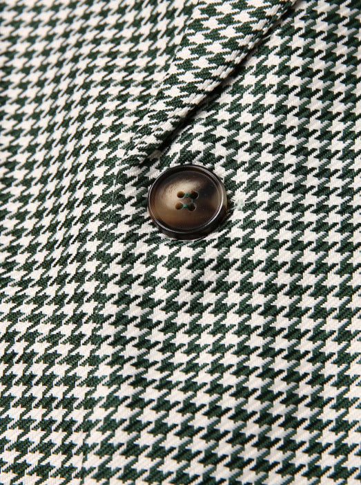 Men's Vintage Green & White Houndstooth Double-Breasted Blazer - Notch Lapel Long Sleeve Suit Jacket