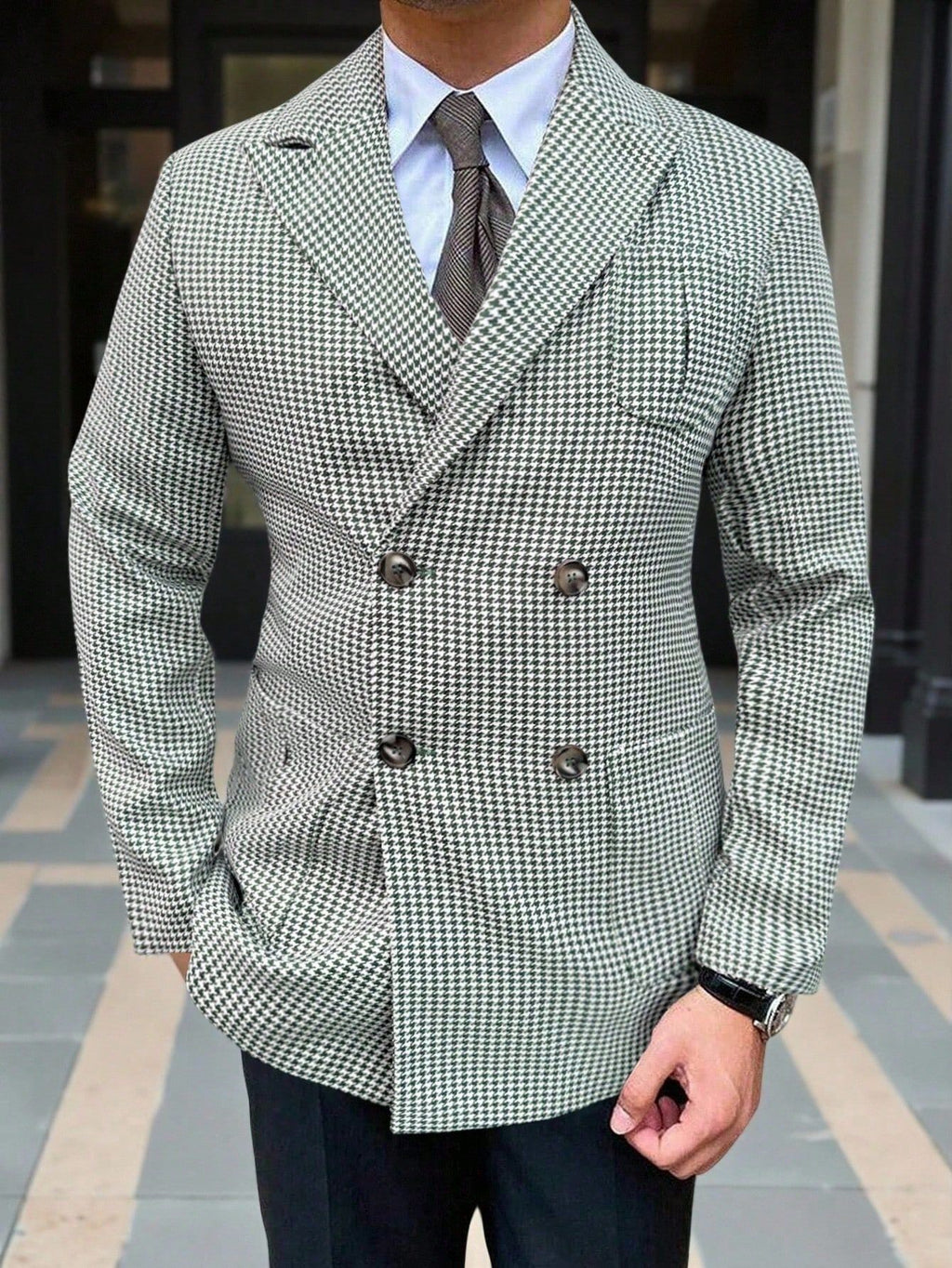 Men's Vintage Green & White Houndstooth Double-Breasted Blazer - Notch Lapel Long Sleeve Suit Jacket