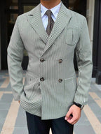 Men's Vintage Green & White Houndstooth Double-Breasted Blazer - Notch Lapel Long Sleeve Suit Jacket