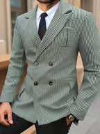 Men's Vintage Green & White Houndstooth Double-Breasted Blazer - Notch Lapel Long Sleeve Suit Jacket