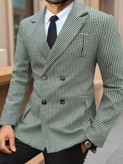 Men's Vintage Green & White Houndstooth Double-Breasted Blazer - Notch Lapel Long Sleeve Suit Jacket