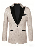 Men's Champagne Jacquard Single-Breasted Blazer - Black Peak Lapel One-Button Formal Suit Jacket