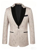Men's Champagne Jacquard Single-Breasted Blazer - Black Peak Lapel One-Button Formal Suit Jacket
