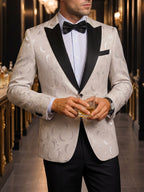 Men's Champagne Jacquard Single-Breasted Blazer - Black Peak Lapel One-Button Formal Suit Jacket