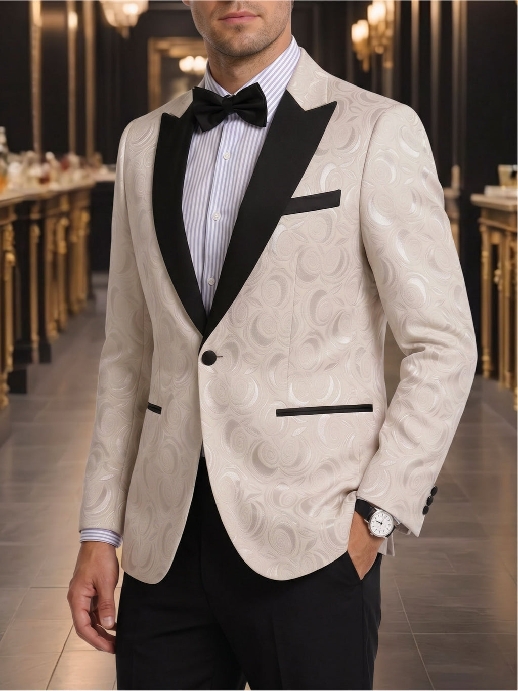Men's Champagne Jacquard Single-Breasted Blazer - Black Peak Lapel One-Button Formal Suit Jacket